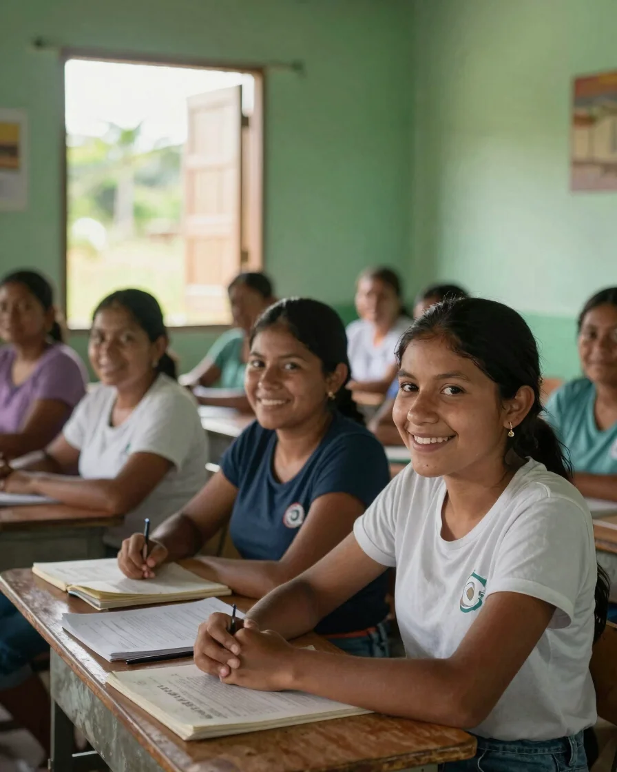 Estudiantes y docentes interactuando en un aula rural de Corinto,