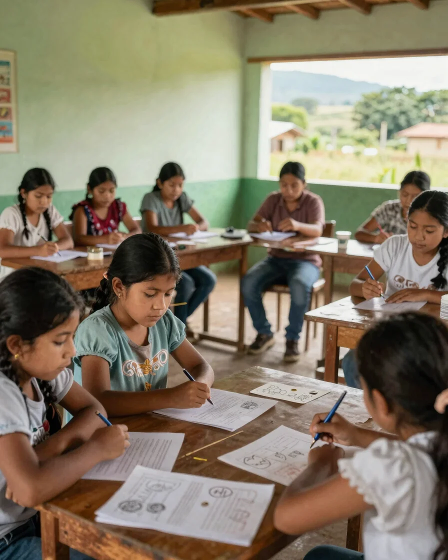 Estudiantes y docentes interactuando en un aula rural de Corinto,