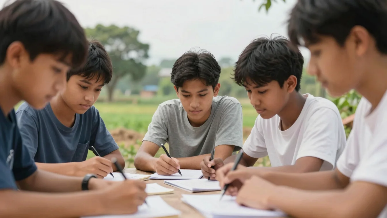 Close-up of students collaborating on a project outdoors, natural