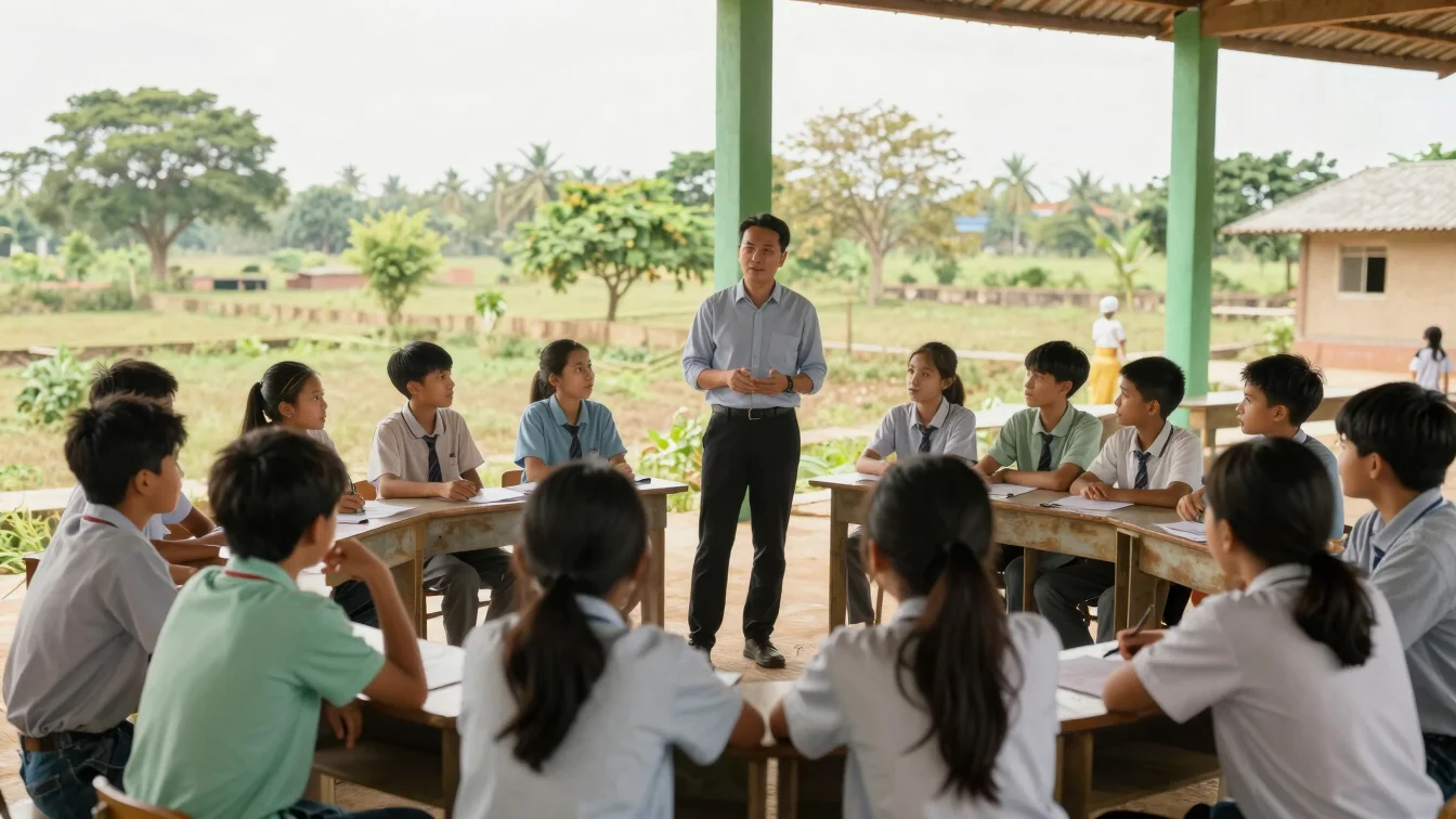 Teacher guiding students in a discussion circle in an open-air cl