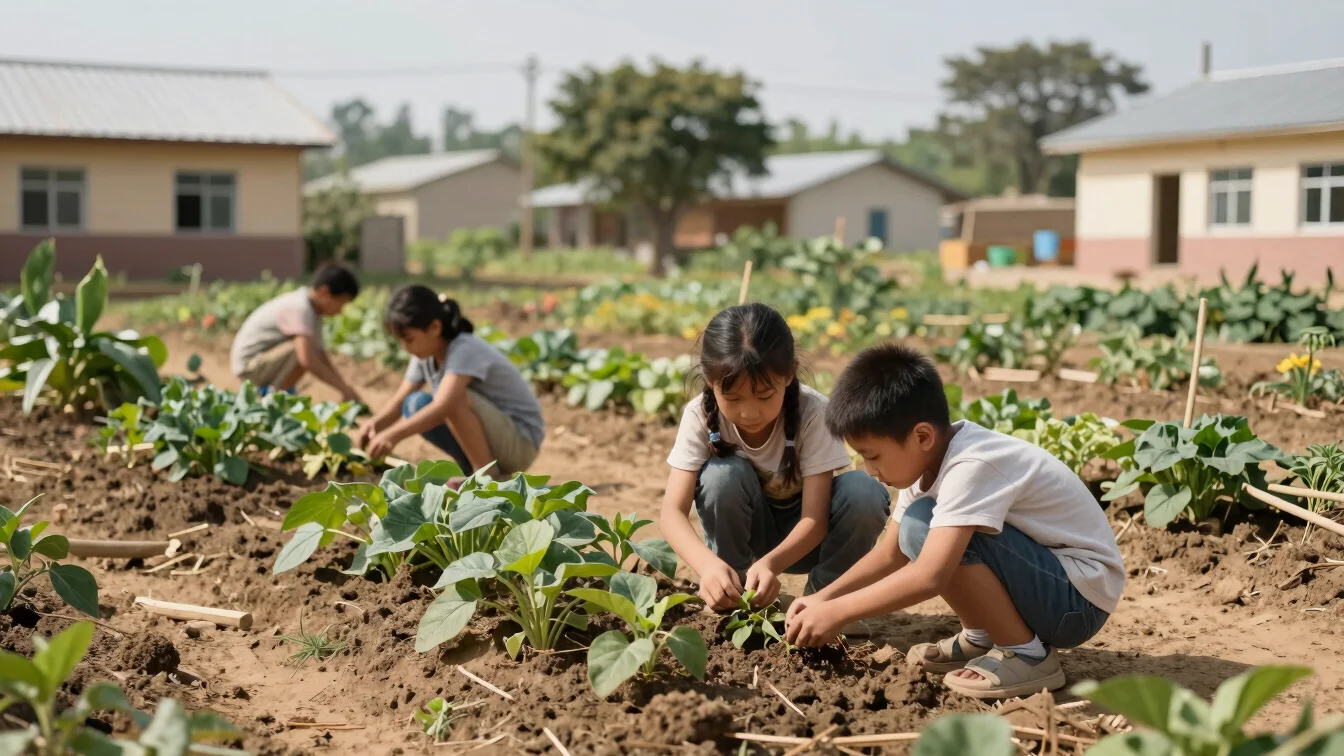 Children tending to a small community garden at a rural school, w