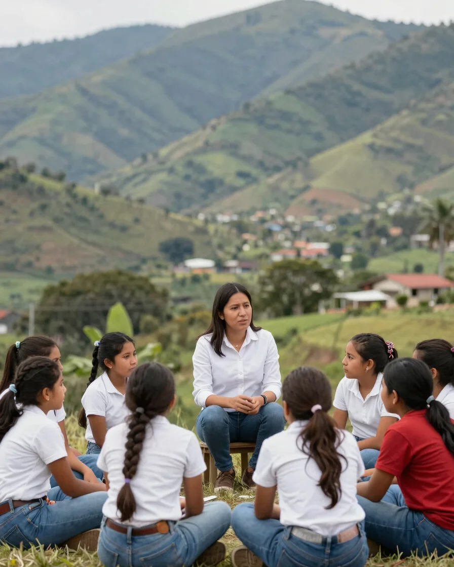 Medium shot of rural Colombian students sitting in a circle outdo